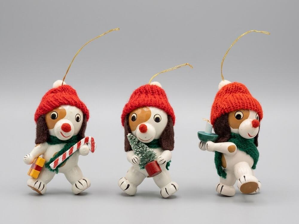 Vintage Wooden Dog Christmas Ornaments Set of 3 Hand Painted Knit Hats & Scarves